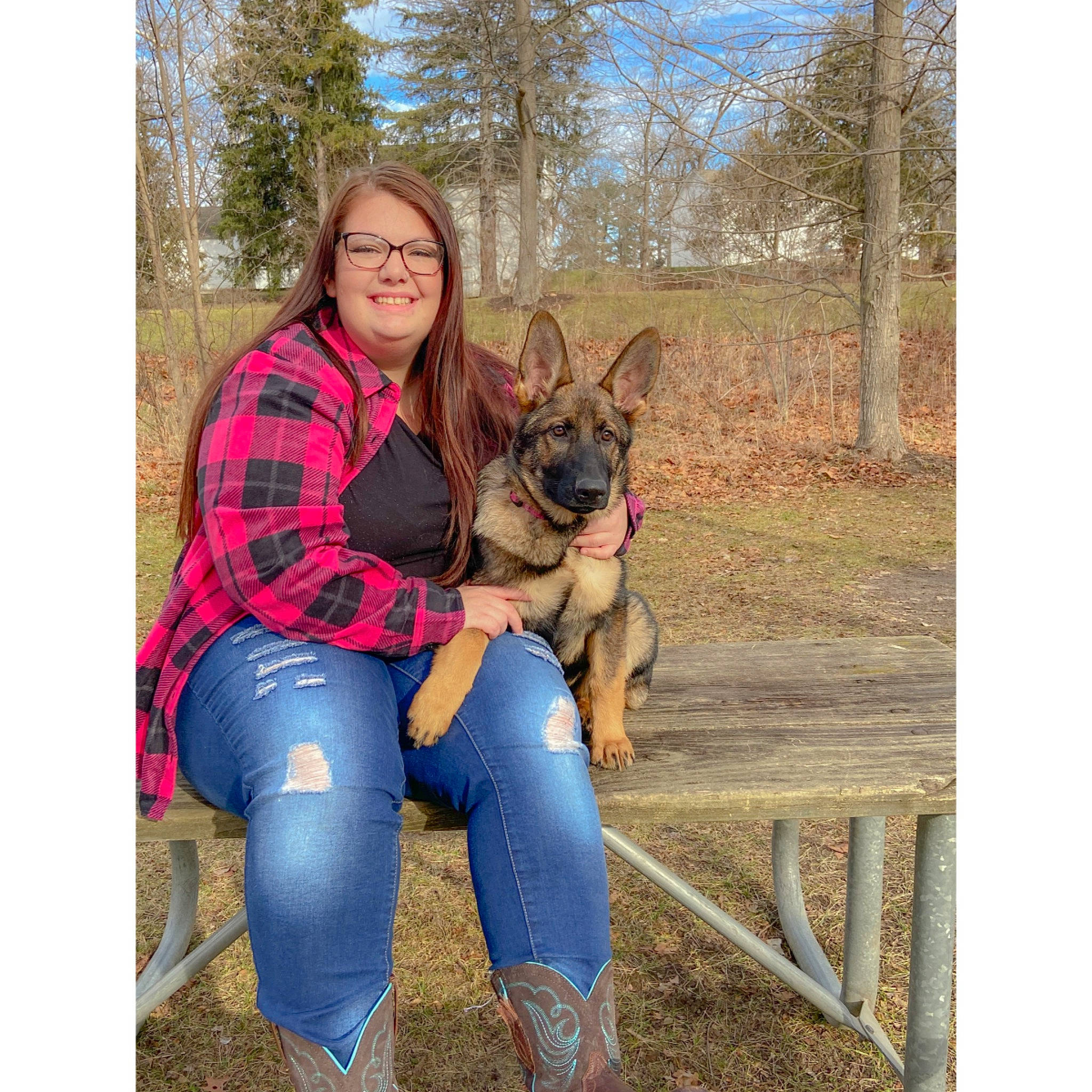 Daisy is registered to the contest to win money with this photo: boot, canidae, carnivore, collar, companion_dog, denim, dog, dog_breed, east_european_shepherd, fawn, herding_dog, human, jeans, mammal, outdoor_furniture, plaid, sitting, sporting_group, tartan, vertebrate