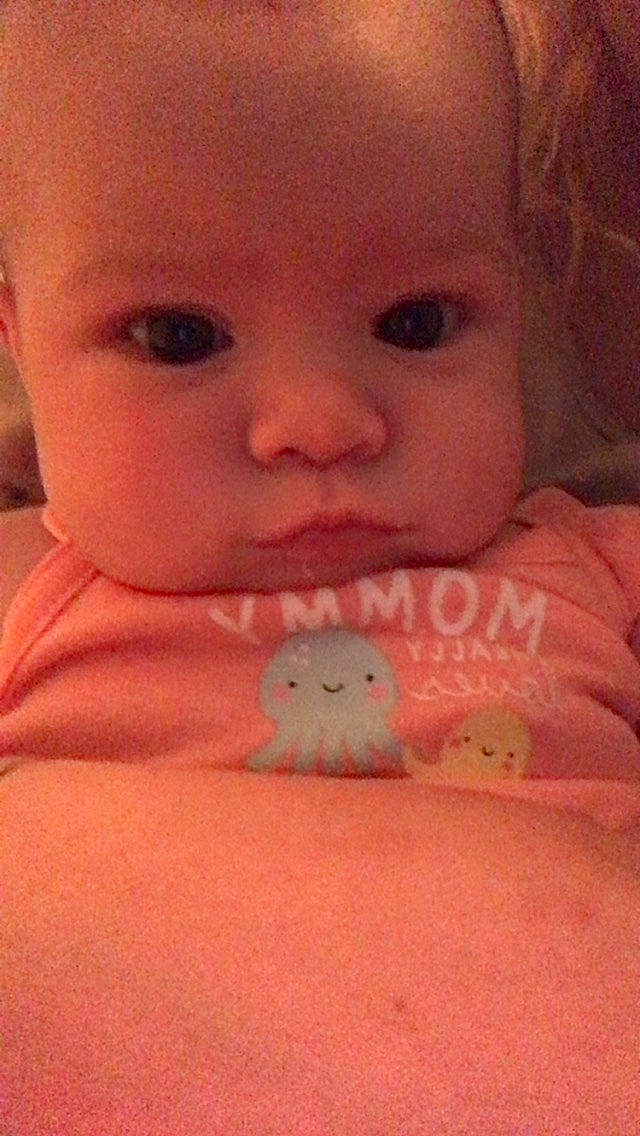 Avaleigh is registered to the contest to win money with this photo: arm, baby, baby_toddler_clothing, cheek, chin, eyebrow, eyelash, finger, forehead, hand, human_body, iris, lip, mouth, neck, nose, person, pink, skin, sleeve