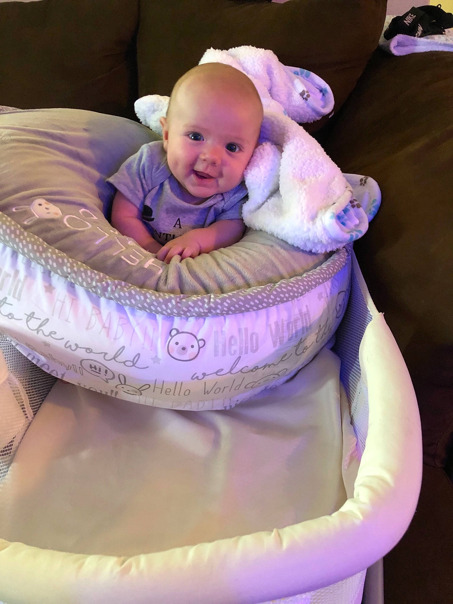 Brentlee joined the competition — help win amazing prizes! baby, baby_carriage, baby_products, bed, birth, child, cradle, furniture, infant_bed, person, pink, product, purple, sleep, toddler, violet