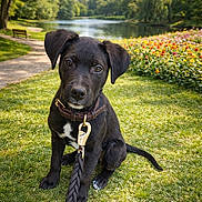 Thor participe au concours pour gagner de l'argent avec cette photo : puppy, dog, black_dog, leash, collar, grass, flowers, lake, park, nature, outdoor, sunny, greenery, pathway, tree, bench, cute, pet, animal, summer