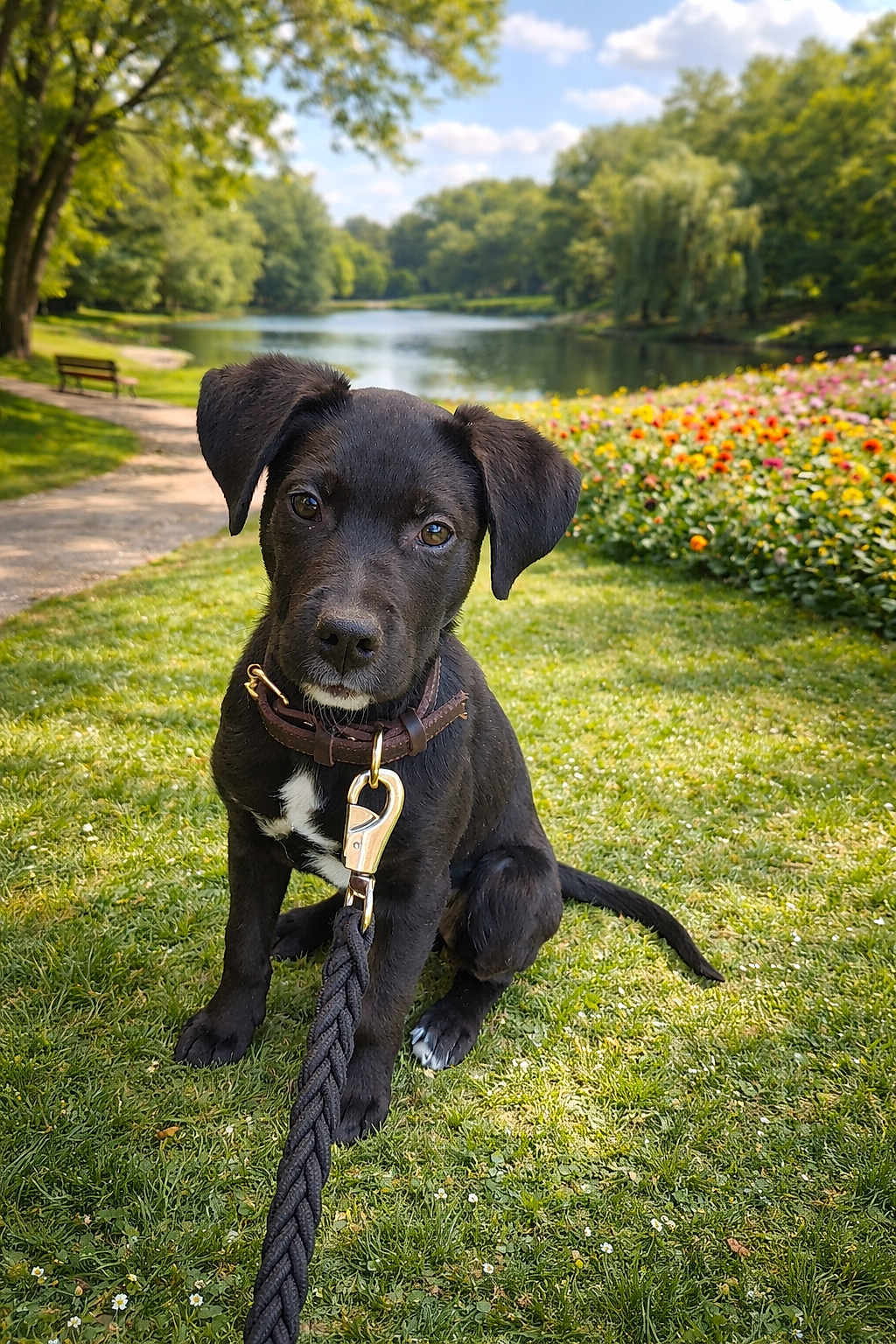 Thor participe au concours pour gagner de l'argent avec cette photo : puppy, dog, black_dog, leash, collar, grass, flowers, lake, park, nature, outdoor, sunny, greenery, pathway, tree, bench, cute, pet, animal, summer