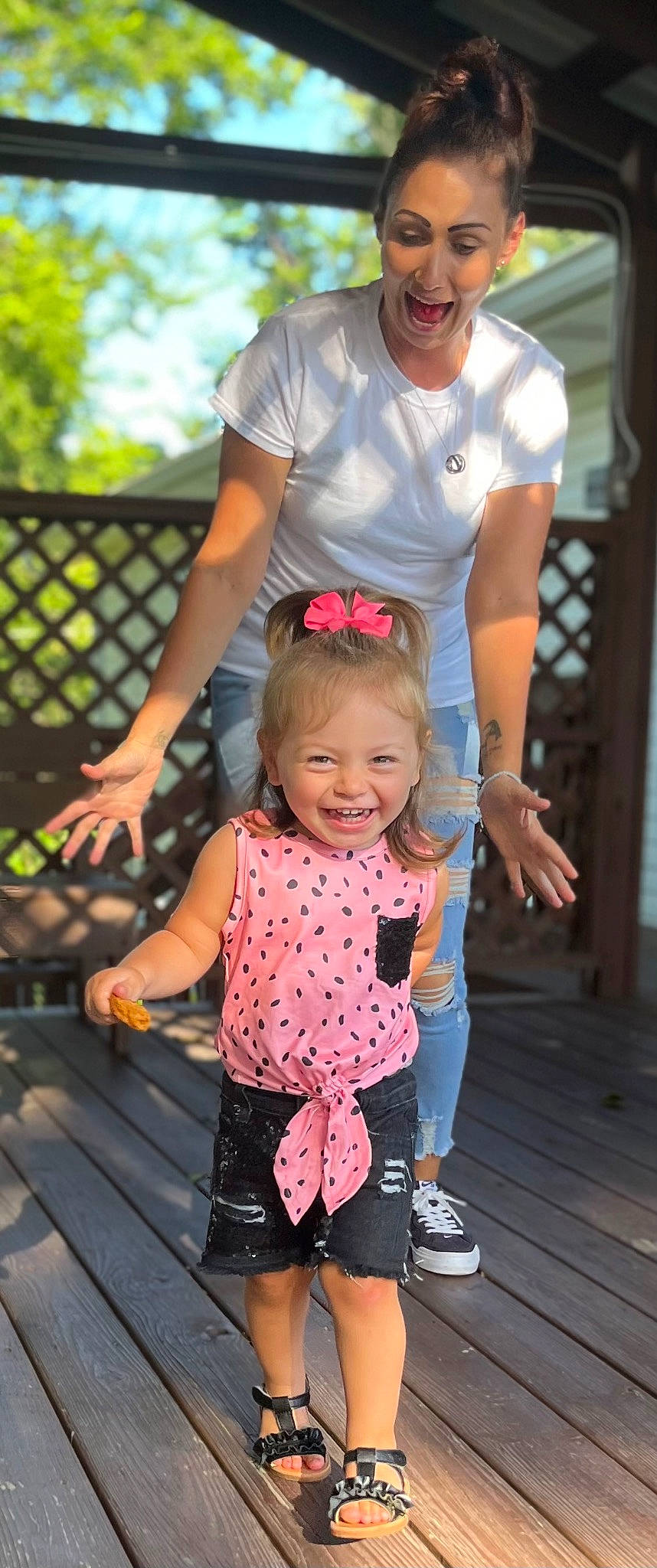 Mckenzie is registered to the contest to win money with this photo: baby_toddler_clothing, event, eyewear, facial_expression, fun, gesture, happy, hat, joy, leg, leisure, magenta, person, pink, product, recreation, sandal, skin, smile, summer
