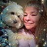 woman, dog, pet, portrait, smile, face, fur, blanket, indoors, cozy, happy, long_hair, white_dog, star_effects, text_overlay, new_year, celebration, closeup, female, casual