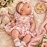 baby, infant, child, portrait, lying_down, pink_dress, floral_dress, headband, bow, pacifier, teddy_bear, stuffed_animal, flowers, blanket, furry_blanket, milestone, four_months, socks, nursery, cozy