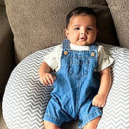 Amir Gaffar is registered to the contest to win money with this photo: baby, denim_overalls, white_tshirt, chevron_pillow, brown_couch, infant, sitting, indoor, cute, child, smiling, face, person, footwear, white_socks, plush, comfortable, portrait, young_child, casual_clothing