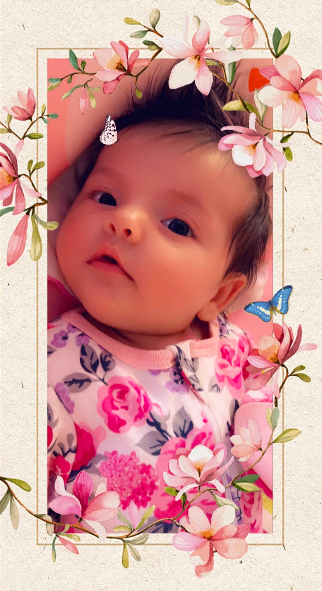 Delilah joined the competition — help win amazing prizes! baby, baby_toddler_clothing, cheek, chin, eyelash, facial_expression, flower, hairstyle, happy, lip, magenta, pattern, person, petal, pink, plant, product, skin, sleeve, textile