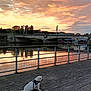 dog, white_dog, leash, harness, boardwalk, river, water, bridge, sunset, clouds, reflection, sky, trees, outdoor, pet, calm, nature, evening, walk, tranquil