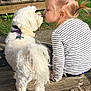 child, dog, outdoor, grass, wooden_deck, kiss, blonde_hair, braid, pet, fluffy_dog, casual_clothing, sunlight, nature, cute, playful, friendship, animal, young_girl, summer, affection