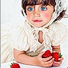 Calyana a rejoint le concours — aidez-le/la à gagner de superbes lots ! child, blue_eyes, lace_bonnet, cream_dress, rosy_cheeks, strawberries, table, curious, portrait, indoor, white_background, young_girl, holding_fruit, short_hair, cute, innocent, pale_skin, close_up, fashion, still_life