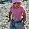 toddler, child, pink_bandana, pink_tshirt, jeans, sneakers, outdoor, gravel, playful, smiling, walking, sunlight, daylight, cute, happy, person, casual_clothing, headwear, nature, small_child