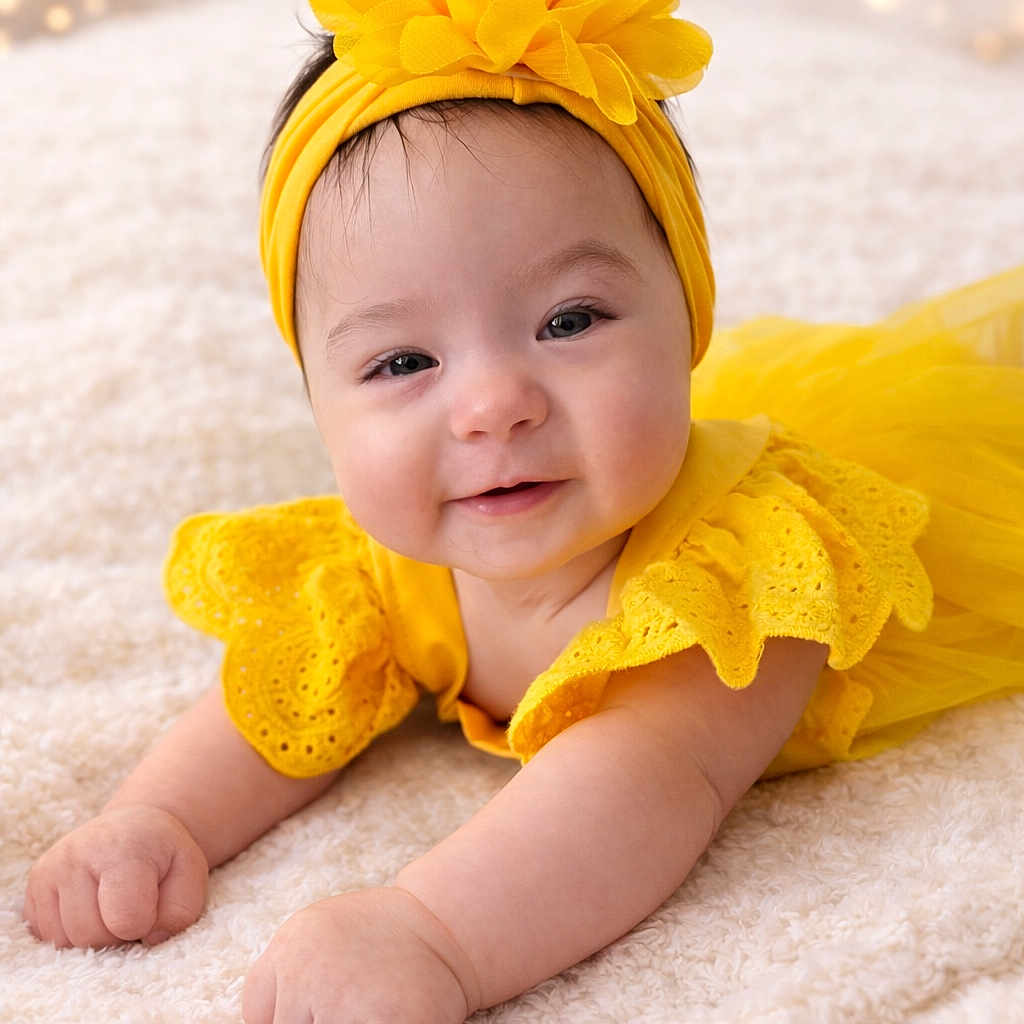 Ainhoa is registered to the contest to win money with this photo: baby, infant, smiling, yellow_dress, headband, flower, blanket, soft_texture, cute, portrait, happy, lying_down, indoors, child, toddler, bright_colors, warm_lighting, bokeh, close_up, adorable