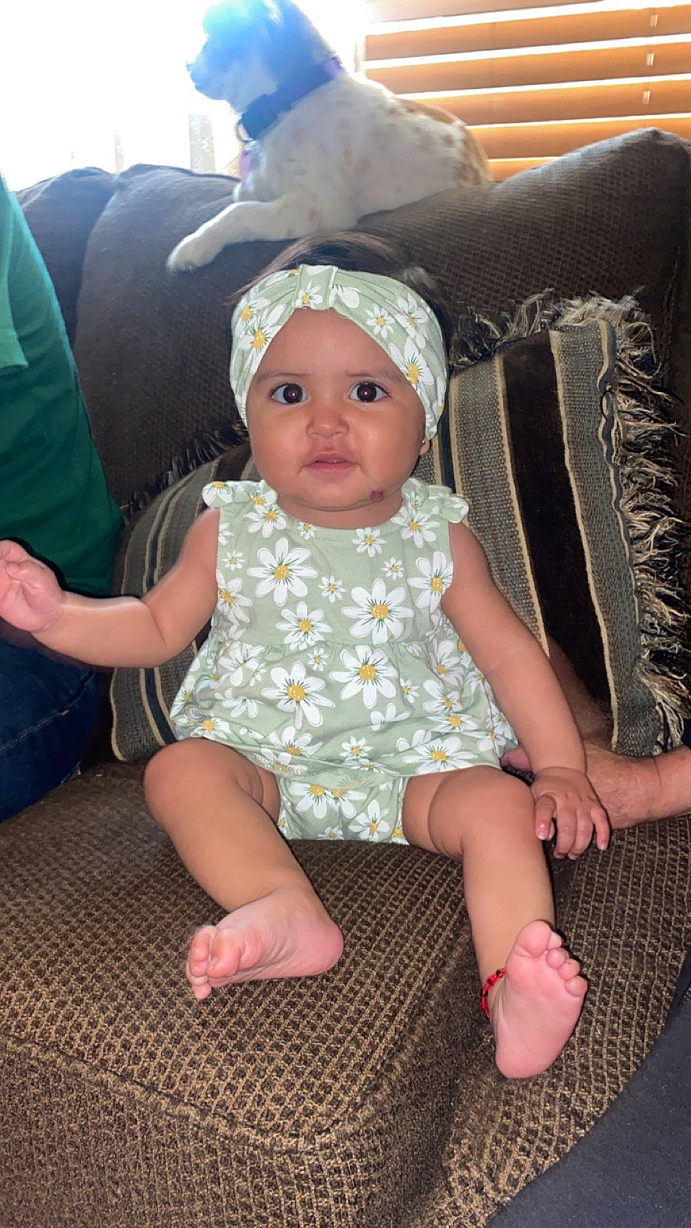 Alainna is registered to the contest to win money with this photo: baby, baby_toddler_clothing, chair, child, comfort, couch, dress, fashion_accessory, foot, fun, grass, headwear, human_leg, iris, lap, pattern, person, pink, sitting, skin