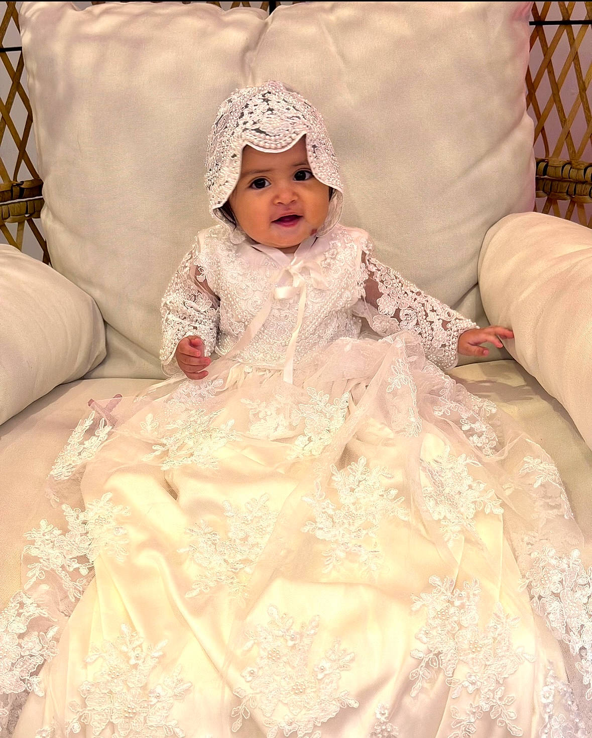 Alainna joined the competition — help win amazing prizes! bridal_accessory, bridal_clothing, bridal_veil, dress, embellishment, event, eye, fashion_design, gown, happy, headpiece, headwear, outerwear, peach, person, pink, skin, sleeve, textile, toddler