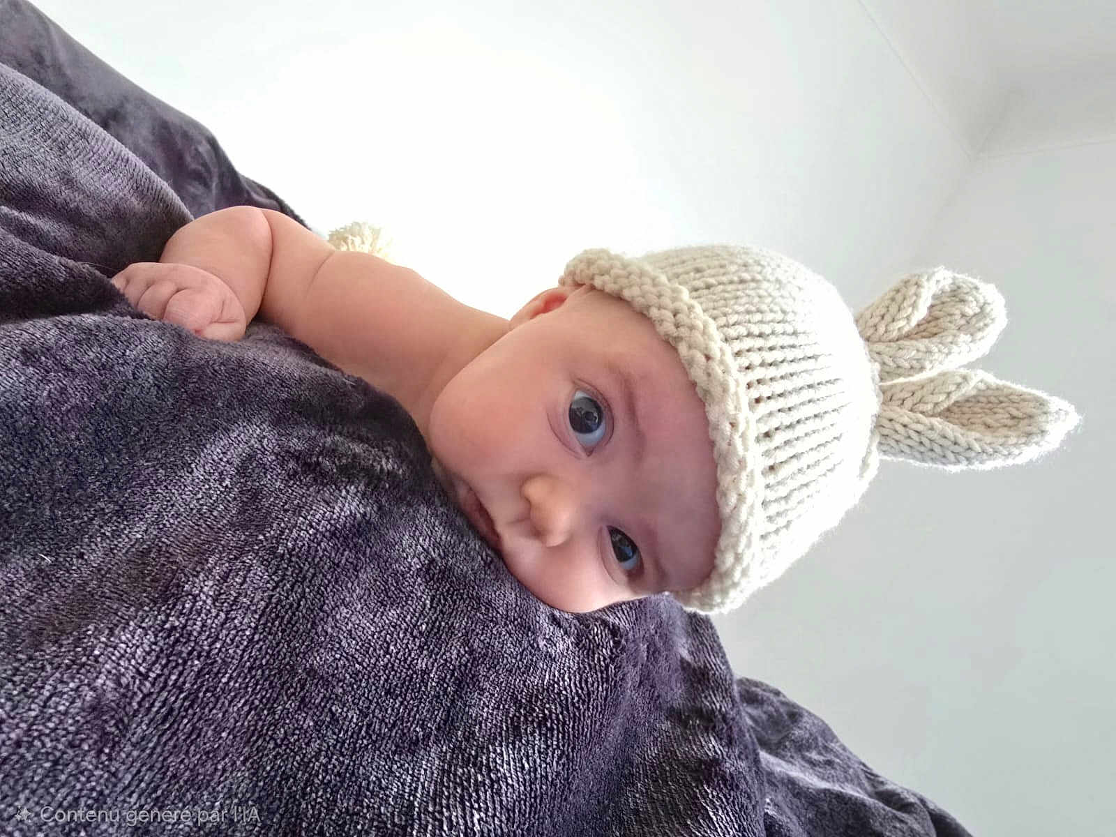 Joy a rejoint le concours — aidez-le/la à gagner de superbes lots ! baby, infant, knitted_hat, bunny_ears, blanket, soft_texture, cute, face, eyes, skin, headwear, child, lying_down, indoors, portrait, closeup, expression, adorable, young, person