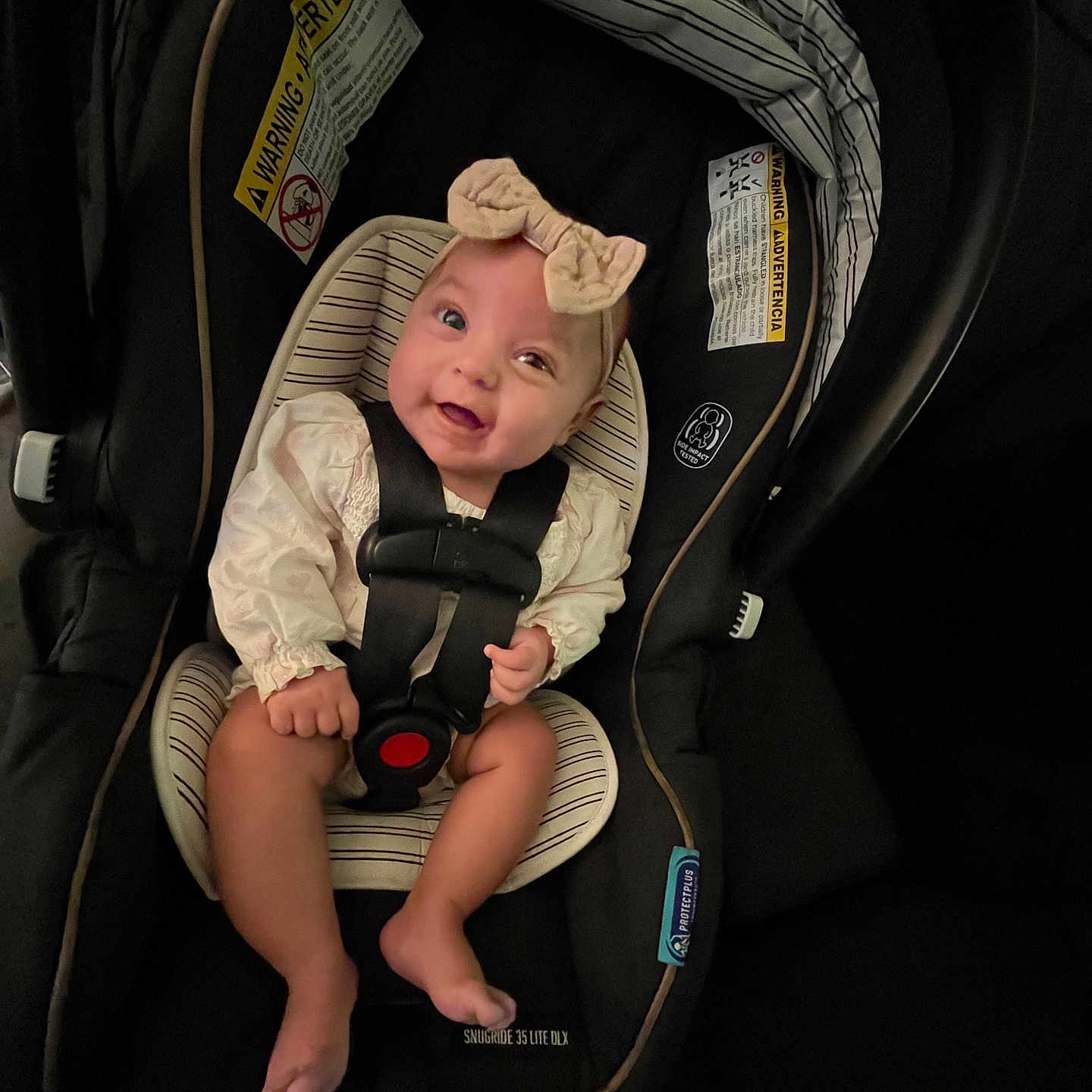 Swailyn joined the competition — help win amazing prizes! baby, baby_girl, car_seat, child, clothing, cute, cute_baby, face, happy, headband, indoors, infant, infant_seat, person, safety, seat, sitting, smile, straps, young_child