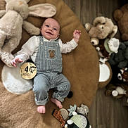 Victor participe au concours pour gagner de l'argent avec cette photo : baby, infant, smiling, plush_toy, stuffed_animal, bear_rug, overalls, striped_clothing, cute_patch, wooden_floor, playtime, child, lying_down, happy, indoors, soft_toy, giraffe_toy, decor, home, four_months