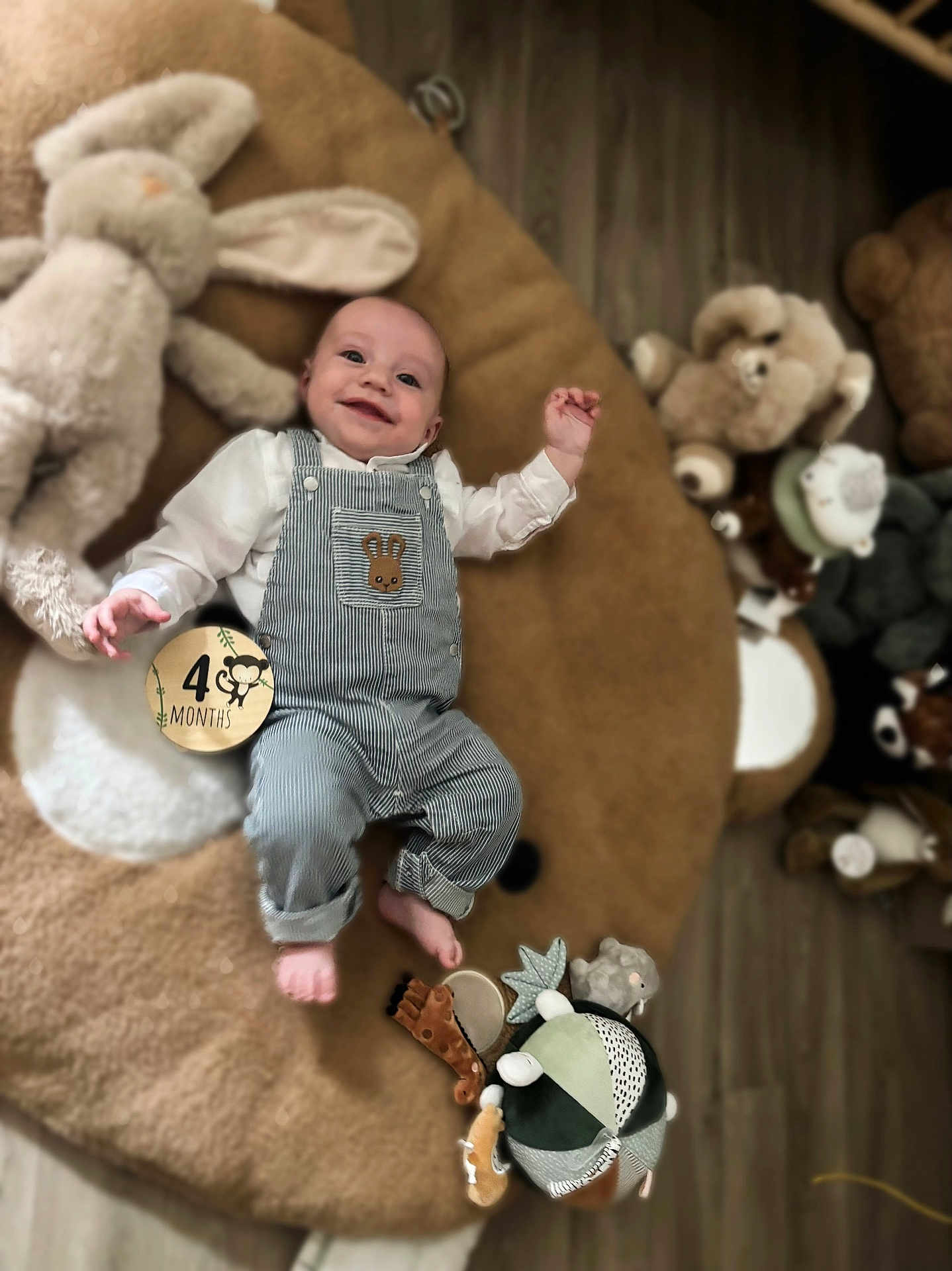 Victor participe au concours pour gagner de l'argent avec cette photo : baby, infant, smiling, plush_toy, stuffed_animal, bear_rug, overalls, striped_clothing, cute_patch, wooden_floor, playtime, child, lying_down, happy, indoors, soft_toy, giraffe_toy, decor, home, four_months