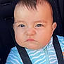 Noah is registered to the contest to win money with this photo: baby, child, face, serious_expression, car_seat, safety_belt, blue_clothing, striped_outfit, young_child, infant, portrait, human, seatbelt, cute, indoors, closeup, person, head, hair, expression