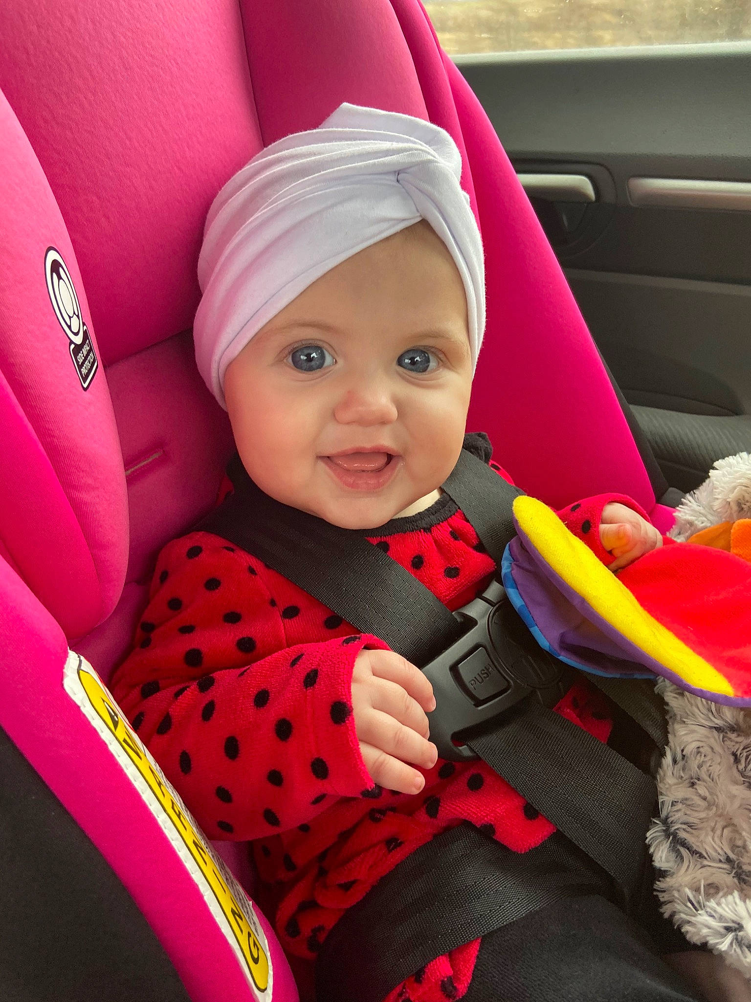 Emilia joined the competition — help win amazing prizes! auto_part, baby, baby_carriage, baby_in_car_seat, baby_products, car_seat, car_seat_cover, child, person, pink, plant, product, seat_belt, toddler, vehicle_door
