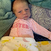Camryn Faye joined the competition — help win amazing prizes! baby, newborn, infant, blanket, clothing, onesie, pink, face, sleepwear, bed, pillow, pattern, fabric, soft, cozy, child, person, indoors, resting, cute