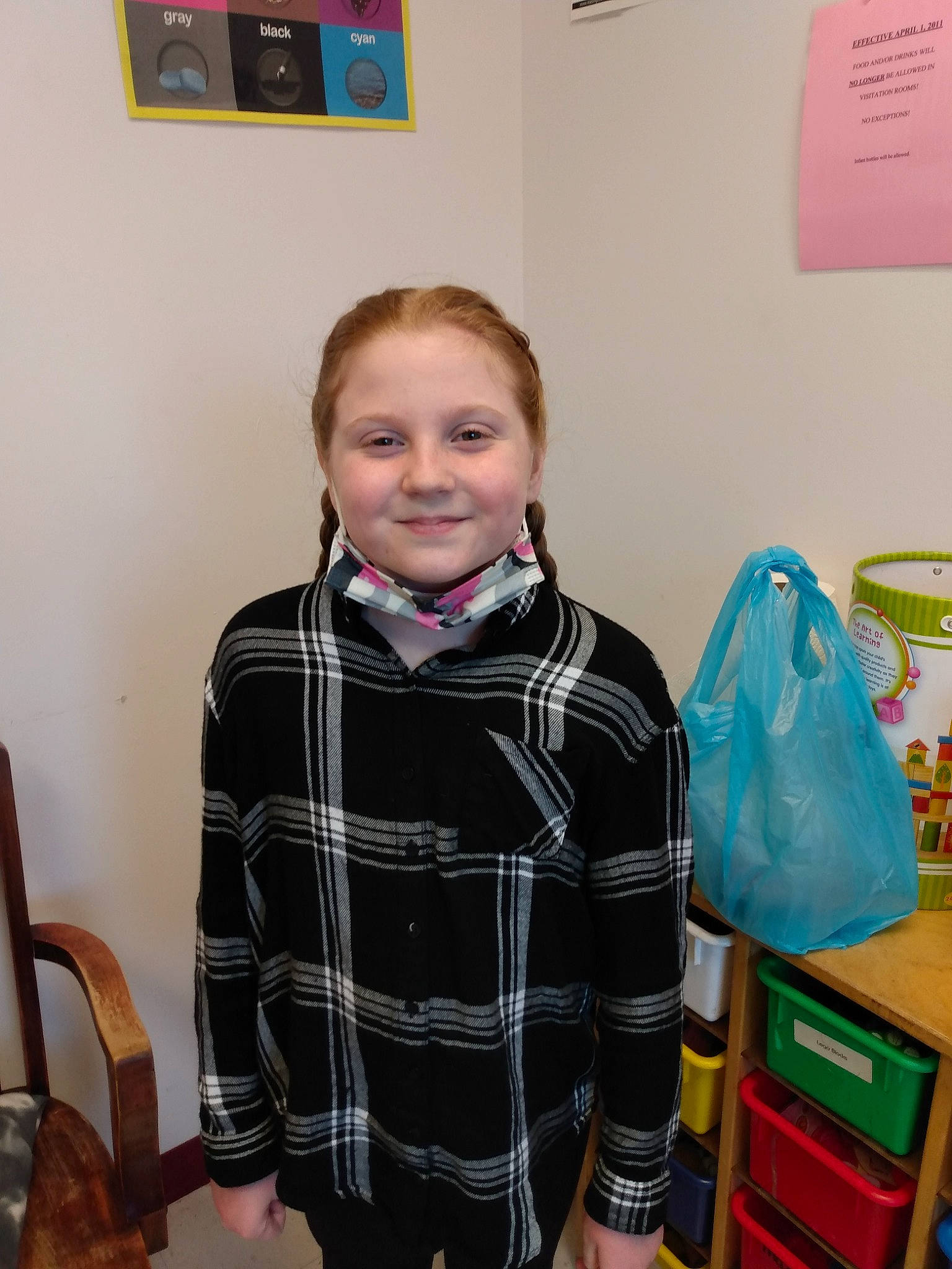 Tanisha joined the competition — help win amazing prizes! bag, box, chair, child, electric_blue, event, fashion_accessory, fun, happy, joy, luggage_and_bags, office_supplies, pattern, person, picture_frame, plaid, room, sleeve, smile, t_shirt