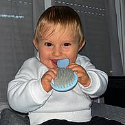 Maylan participe au concours pour gagner de l'argent avec cette photo : baby, black_pants, blue_brush, child, curtains, face, hair, hand, happy, indoor, person, playful, room, sitting, smiling, stripes, teething, toddler, white_sweatshirt, window