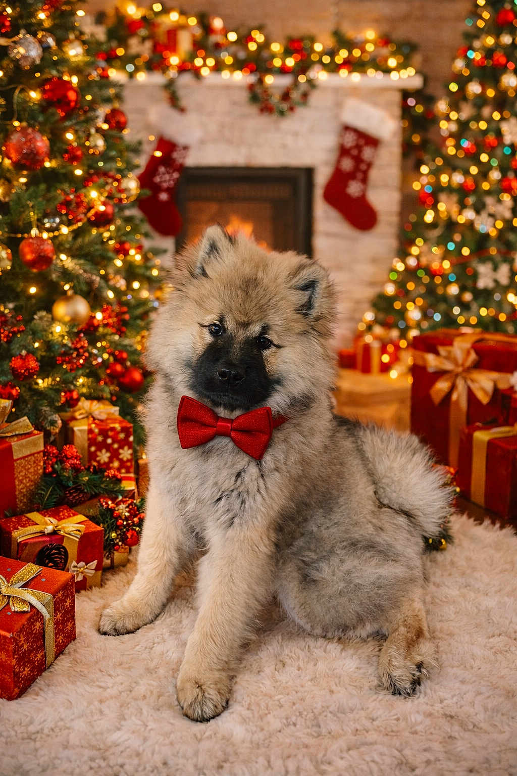 Ayko participe au concours pour gagner de l'argent avec cette photo : puppy, dog, red_bow_tie, christmas_tree, christmas_lights, fireplace, stockings, gifts, holiday_decor, festive, cozy, indoor, carpet, fluffy, cute, decorations, warm_lighting, seasonal, celebration, winter