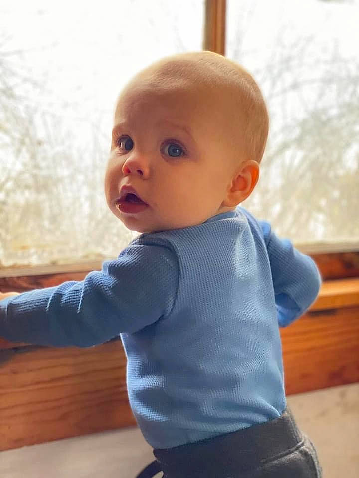 Russell joined the competition — help win amazing prizes! baby, baby_toddler_clothing, cheek, child, chin, electric_blue, eye, face, finger, human_body, iris, joint, neck, person, shoulder, skin, sleeve, surprise, t_shirt, toddler