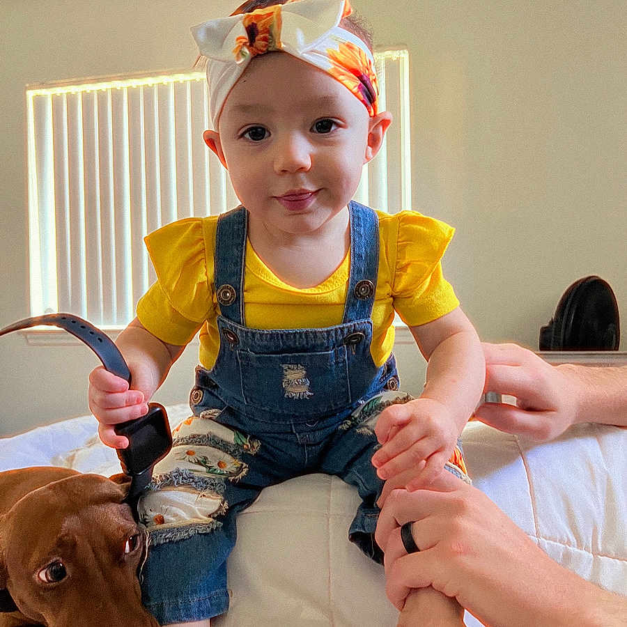 Athena is registered to the contest to win money with this photo: accessories, animal, baby, bodypart, canine, clothing, costume, couch, dog, face, finger, furniture, hand, head, jeans, pants, person, pet, photography, portrait