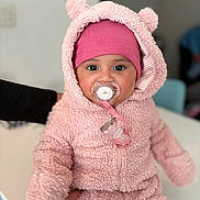 Kaiulani a rejoint le concours — aidez-le/la à gagner de superbes lots ! baby, child, pacifier, pink_clothing, hood, beanie, cute, fluffy, indoor, person, face, portrait, warm_clothing, hand, soft_texture, infant, adorable, looking_at_camera, close_up, seated