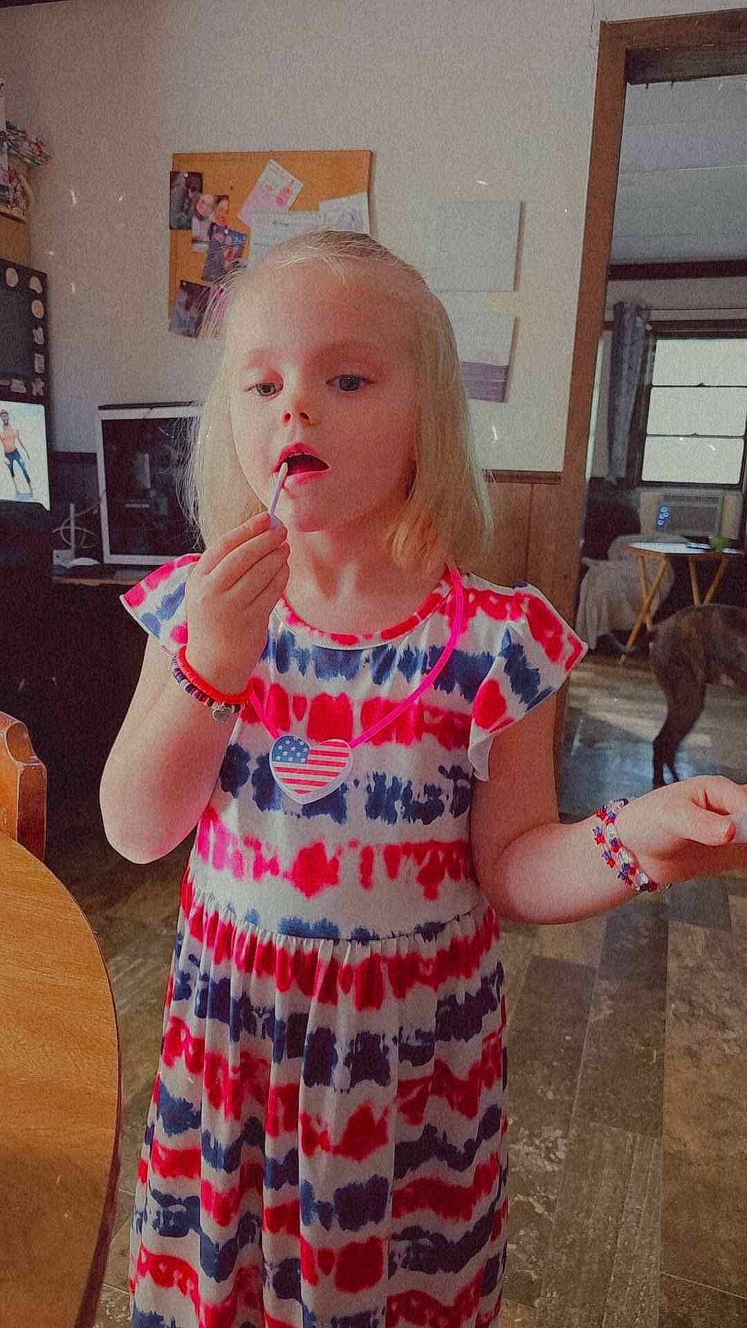 Coraline joined the competition — help win amazing prizes! child, day_dress, dress, facial_expression, finger, fun, hair, happy, pattern, person, picture_frame, play, room, shoulder, sitting, standing, summer, t_shirt, thumb, toddler