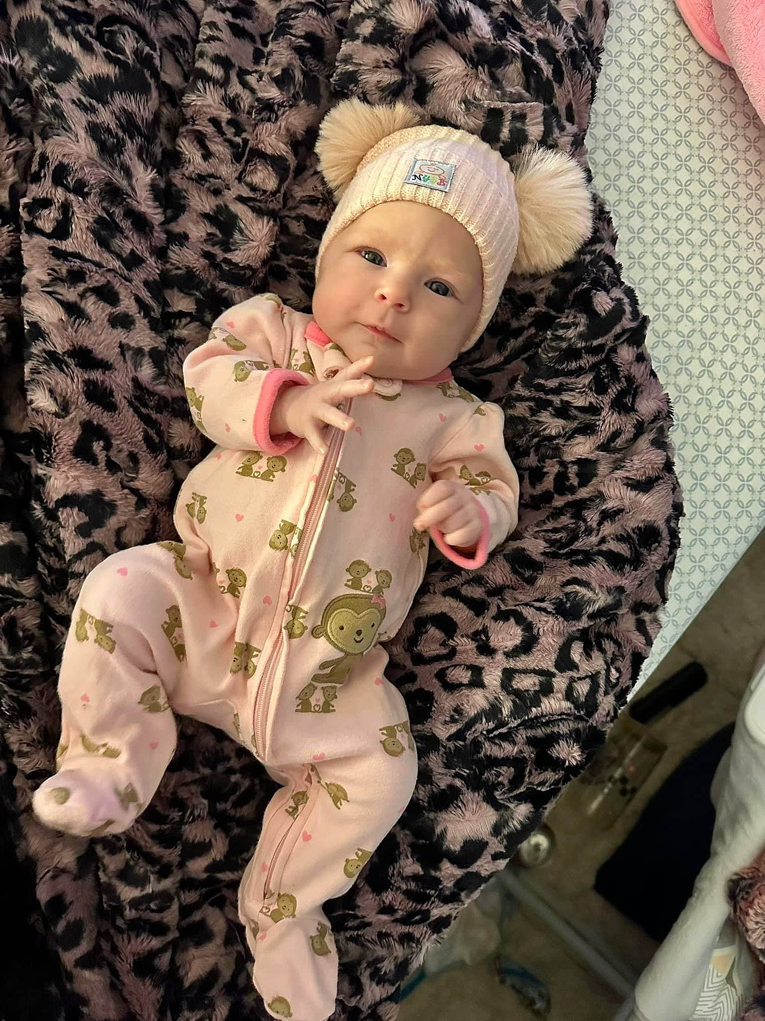 Hartlynn joined the competition — help win amazing prizes! baby, baby_sleeping, baby_toddler_clothing, beanie, cap, cheek, child, comfort, fashion_accessory, fur, happy, headwear, knit_cap, linens, military_camouflage, pattern, peach, person, pink, sitting
