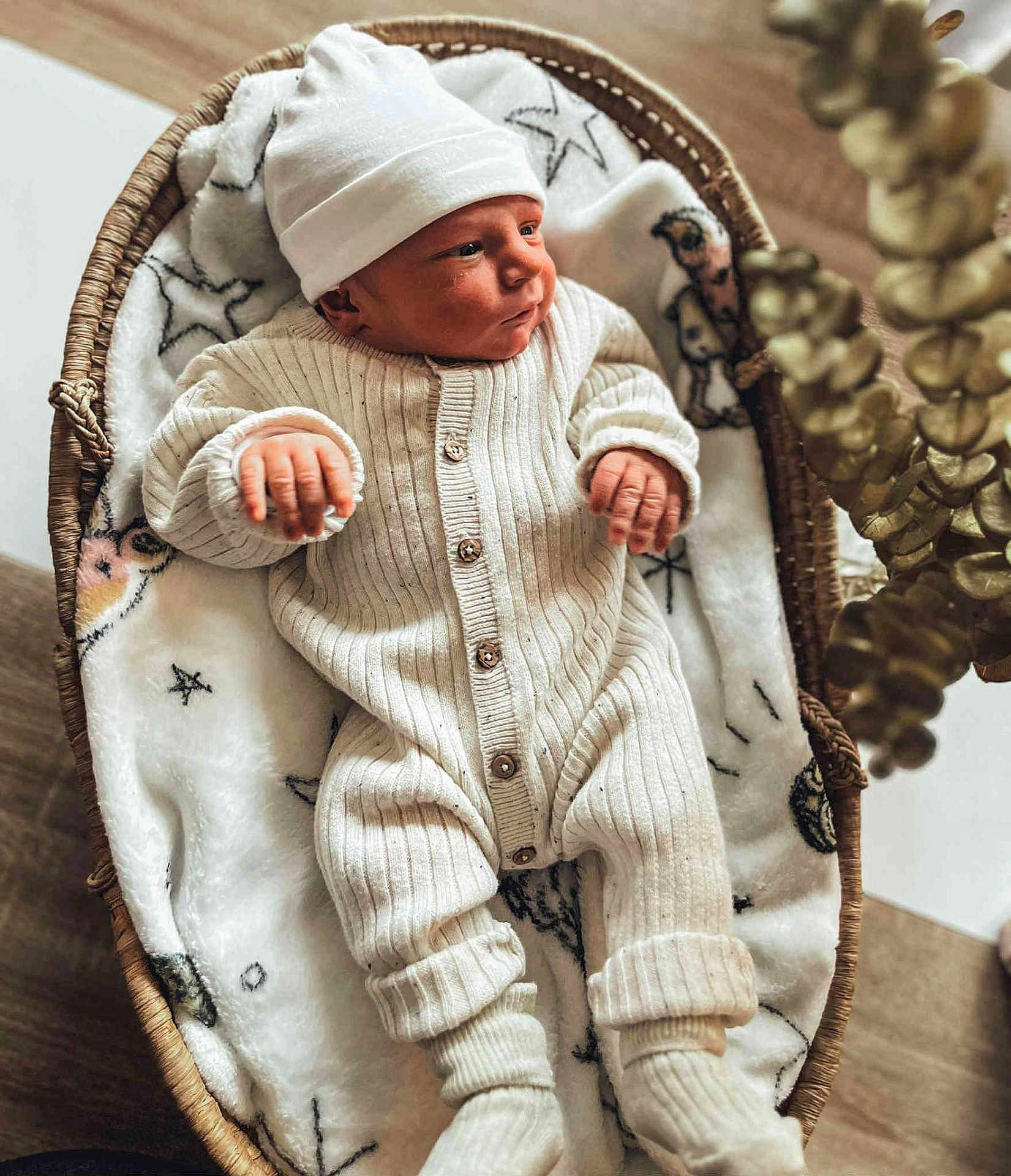 Jules a rejoint le concours — aidez-le/la à gagner de superbes lots ! newborn, baby, infant, basket, blanket, hat, onesie, clothing, sleepwear, soft, plush, cozy, indoor, floor, wooden_floor, cute, portrait, child, small_hands, warm