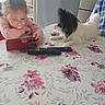 black_dog_ears, bookshelf, child, clothing, curtain, dog, face, floral_pattern, furniture, hair, indoor, pacifier, person, pet, remote_control, sitting, smartphone, table, watching, white_dog