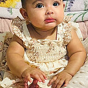 Aliany joined the competition — help win amazing prizes! baby, child, infant, dress, floral, cushion, blanket, toes, hands, face, eyes, curious, soft, comfort, sitting, cute, indoors, closeup, skin, head