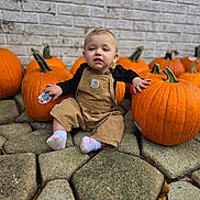 Riley joined the competition — help win amazing prizes! toddler, child, pumpkin, overalls, stone_pavement, fall, autumn, outdoor, brick_wall, orange, cute, baby, socks, seasonal, harvest, smiling, person, nature, holiday, playful