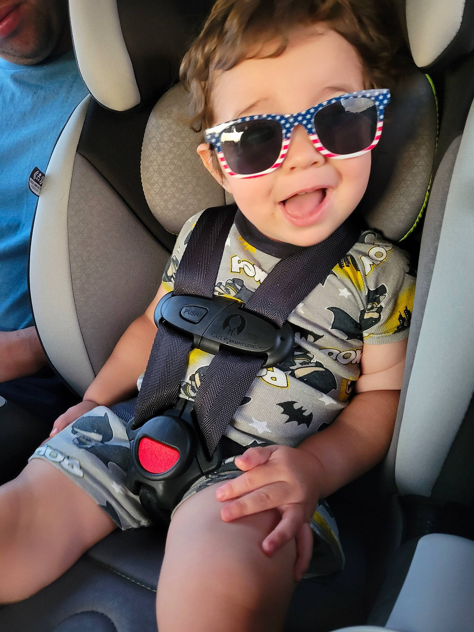 Anthony joined the competition — help win amazing prizes! automotive_design, car, car_seat, car_seat_cover, clothing, comfort, cool, eyewear, facial_expression, finger, glasses, goggles, leg, motor_vehicle, person, product, smile, sunglasses, thigh, toddler