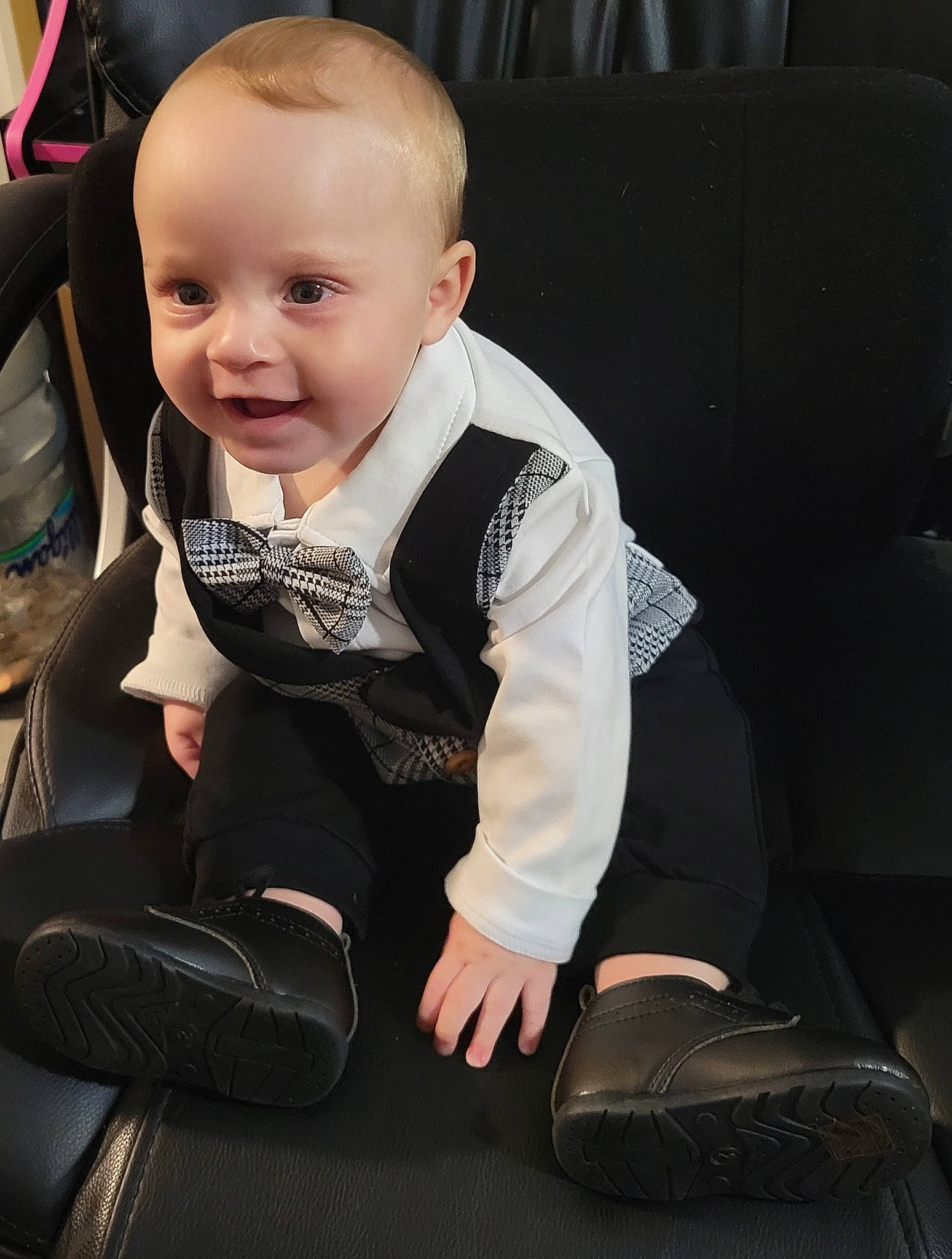 Royce joined the competition — help win amazing prizes! baby, baby_products, baby_toddler_clothing, black, chair, child, collar, comfort, couch, dress, eye, flash_photography, formal_wear, happy, person, sitting, sleeve, smile, suit, tie