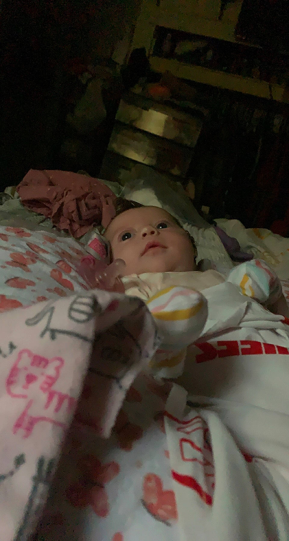 Rosalee is registered to the contest to win money with this photo: baby, bed, bed_sheet, bedding, bedtime, cheek, child, comfort, eye, flesh, fur, handwriting, linens, mammal, person, room, skin, textile, toddler, vertebrate