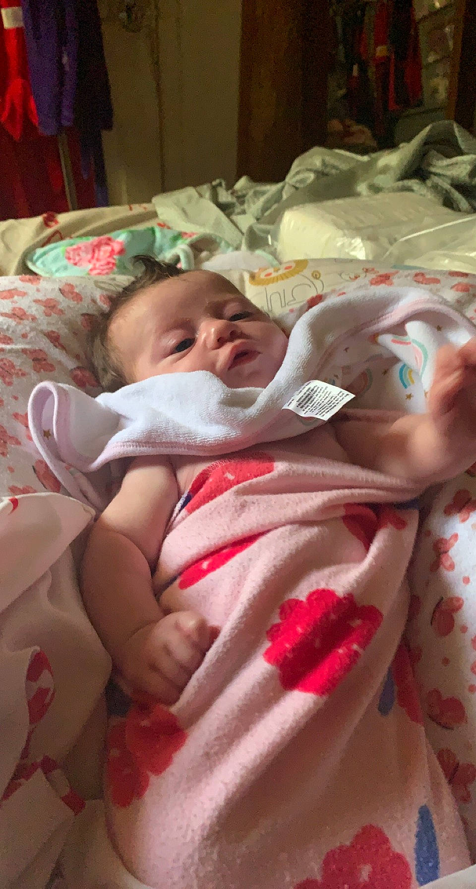 Rosalee is registered to the contest to win money with this photo: baby, baby_products, baby_safety, baby_toddler_clothing, bedding, bedtime, carmine, cheek, child, comfort, event, eye, flesh, head, linens, person, pink, room, skin, textile