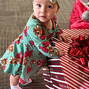 Araia is registered to the contest to win money with this photo: toddler, child, present, gift, holiday, christmas, reindeer, dress, headband, bow, socks, carpet, indoor, cute, curious, holiday_theme, festive, wrapped_gift, red, green