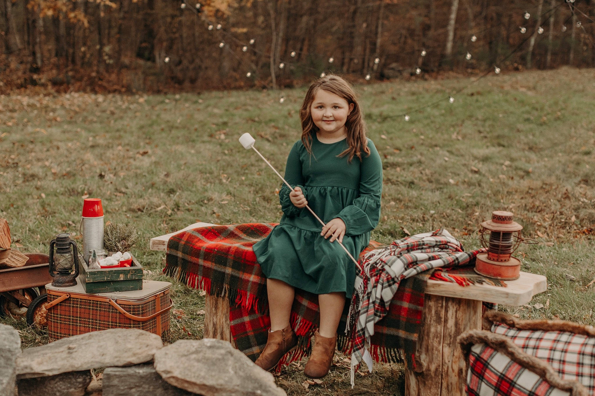 Donna joined the competition — help win amazing prizes! dress, forest, grass, hair, joy, leisure, pattern, people, people_in_nature, person, picnic, plaid, plant, recreation, sitting, smile, spring, tartan, toy, tree