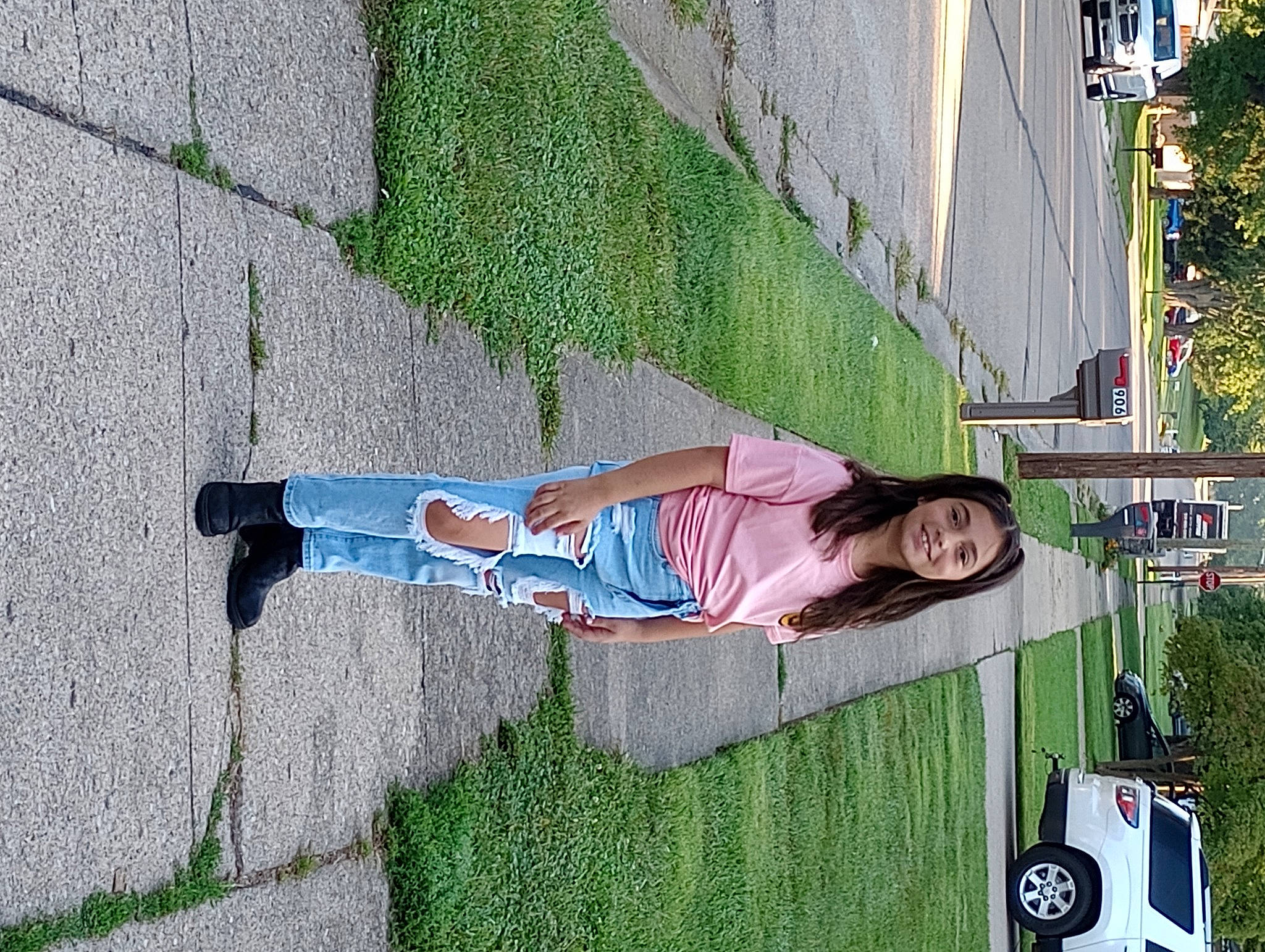 Bailee joined the competition — help win amazing prizes! asphalt, car, concrete, flooring, grass, green, human_leg, joy, leisure, pattern, people_in_nature, person, plant, public_space, road_surface, shadow, sidewalk, smile, tree, walking_shoe