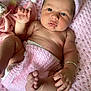 baby, infant, pink, crochet_blanket, knit_hat, diaper_cover, bracelet, hand, foot, skin, face, expression, cute, newborn, soft_texture, closeup, indoors, person, child, resting