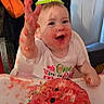 Camila joined the competition — help win amazing prizes! baby, child, birthday, birthday_hat, cake, watermelon_cake, frosting, messy, smiling, happy, portrait, high_chair, indoor, celebration, pink_clothing, party, food, cake_smash, curtain, window