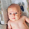 baby, infant, shirtless, face, eyes, expression, bible, book, pages, text, lace, background, skin, human, newborn, lying_down, indoors, closeup, portrait, serious