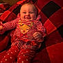 Amelia joined the competition — help win amazing prizes! baby, child, smiling, red_clothing, striped_shirt, polka_dot_pants, reindeer_design, blanket, plaid_pattern, indoor, cozy, cute, happy, infant, portrait, holiday_theme, person, cheerful, young_child, festive