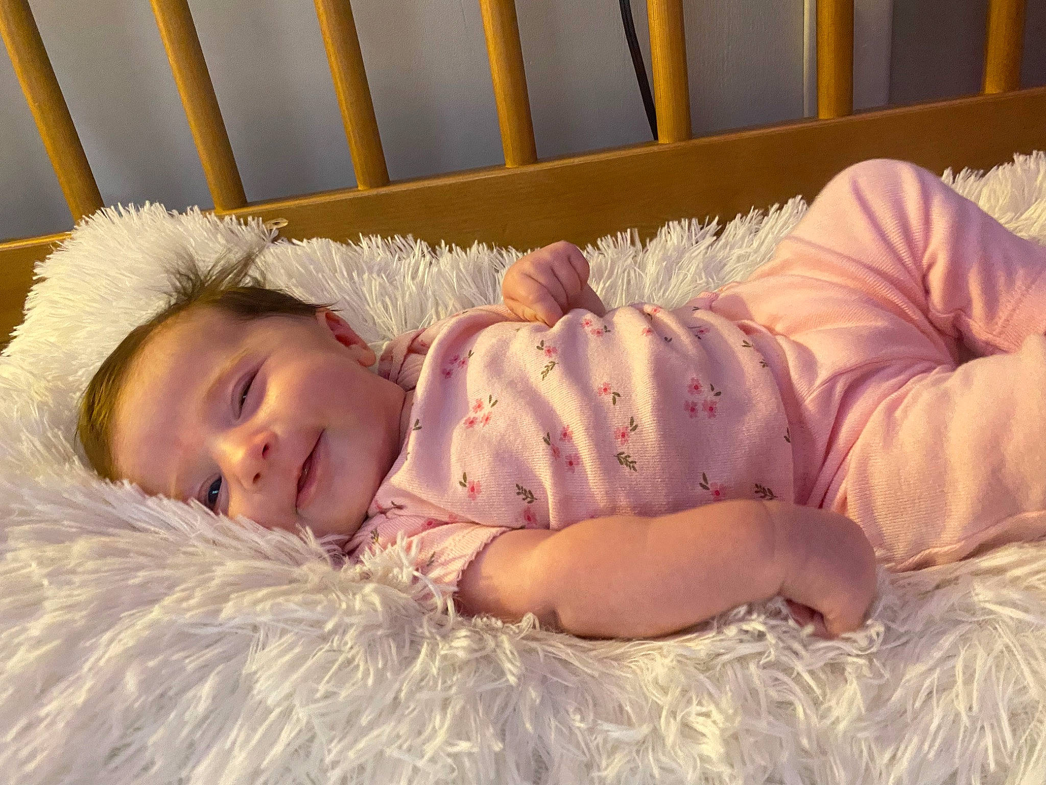 Oaklyn is registered to the contest to win money with this photo: baby, baby_sleeping, baby_toddler_clothing, bed_sheet, bedding, bedtime, child, comfort, couch, eye, face, flooring, fur, grass, happy, linens, nap, person, skin, sleeve
