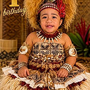 Vilimaina is registered to the contest to win money with this photo: child, toddler, birthday, celebration, traditional_clothing, headdress, shell_jewelry, smiling, portrait, sitting, tropical, decorative, festive, costume, cultural, happy, one_year_old, plumeria_flower, grass_skirt, cute