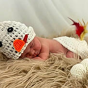 Clara joined the competition — help win amazing prizes! newborn, baby, sleeping, infant, portrait, crocheted_hat, chicken_costume, orange_beak, red_comb, white_feathers, fluffy_blanket, furry_blanket, baby_photography, studio, closeup, peaceful, animal_costume, lying_down, soft_lighting, cute